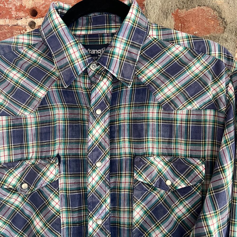 VTG Wrangler Paper Thin Pearl Snap Western Shirt L 22x30